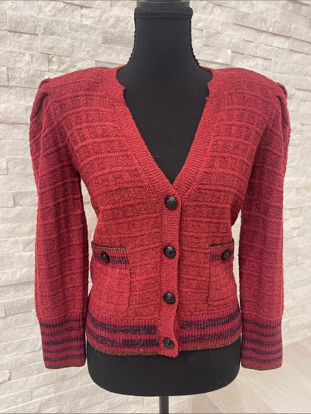 L'AGENCE Deep Red Textured V‑Neck Button Cardigan